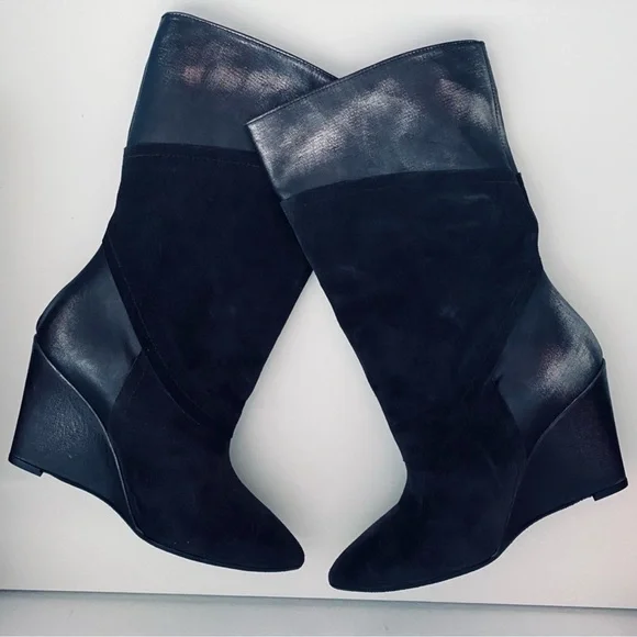 Black Suede Wedge Boots New Leather Black Pointed Toe Retro Style Size 9 - Picture 6 of 12